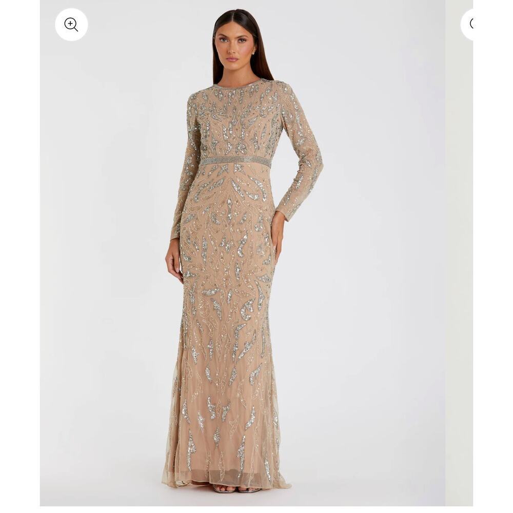 Mac Duggal Beaded High Neck Evening Gown Dress Long Sleeve Blush Size 14 NWT